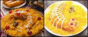 a plate of food with a slice of cake on a table