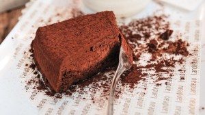 a piece of chocolate cake on a table