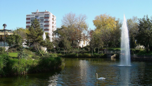 A garden with a bridge over a lake