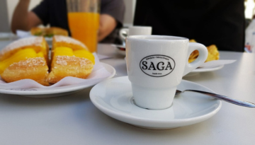 a close up of a plate of food and a cup of coffee