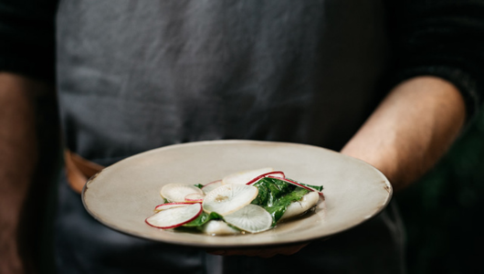 Person holding a beige plate with sliced radishes and greens.