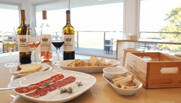 Wine bottles, glasses, and a charcuterie spread on a table with a view of a patio.