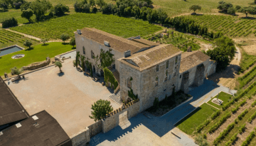 Aerial view of a historic stone building surrounded by vineyards and greenery.
