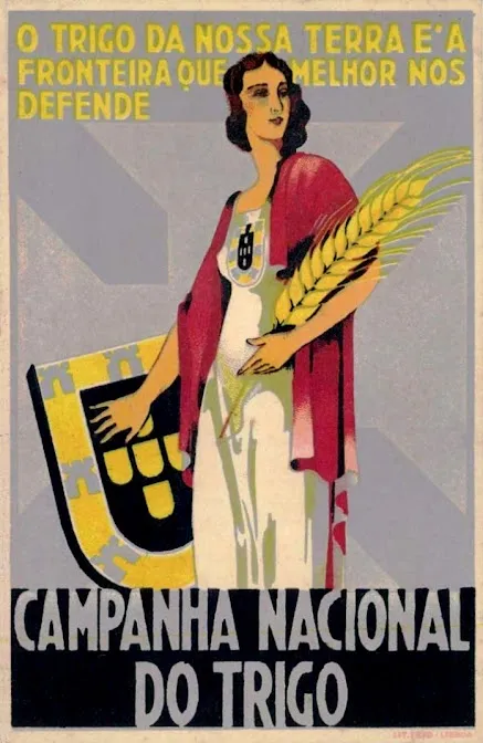 Vintage poster of woman with wheat stalks and shield, promoting Campanha Nacional do Trigo.