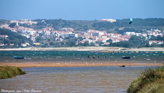 Coastal scene with kitesurfer, calm waters, and small town in background.