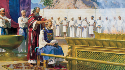 A priest anoints a seated man in robes while others watch near a golden altar.