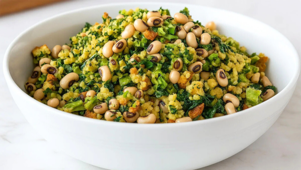 00.How to eat vegan the traditional Portuguese way_feat photo Bowl of couscous salad with black-eyed peas and greens on a white surface.