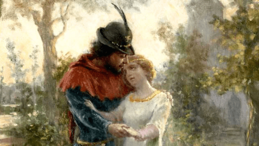 Couple in medieval clothing embracing in a scenic outdoor setting.