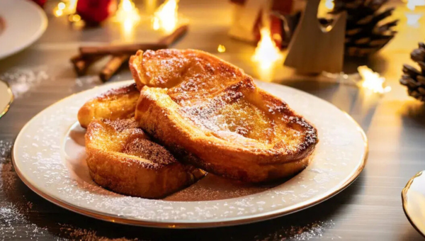 Plate of French toast with powdered sugar, surrounded by festive lights.