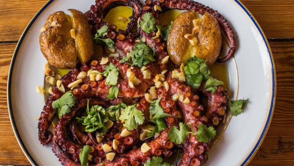 Grilled octopus with herbs and potatoes on a white plate.