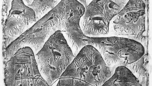 Engraved ancient map with mountains, animals, and figures in a forest setting.