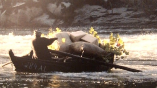 Person paddling a boat on a river, loaded with boxes and foliage.