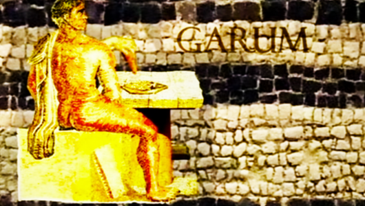 Mosaic art of a seated person at a table with 'GARUM' text.