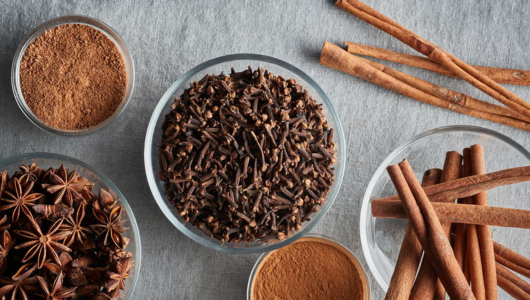 Various spices in bowls, including cloves and cinnamon sticks, on a gray surface.