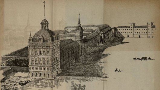 Vintage drawing of a large historical castle with towers and walls, surrounded by water.