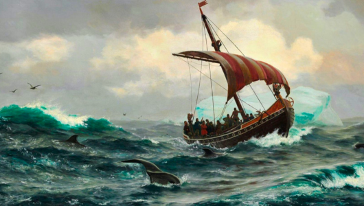 A Viking ship with red sails in a stormy sea, surrounded by waves and whales.