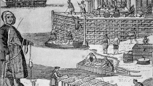 Historic engraving of people working with fish and barrels; a man holds a rope on the left.