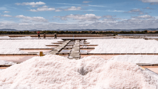 The story of salt in Portugal - Salt flats with white mounds and people walking on pathways under a cloudy sky.