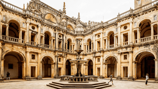 Historic courtyard with arches and central fountain, featuring Renaissance architecture.