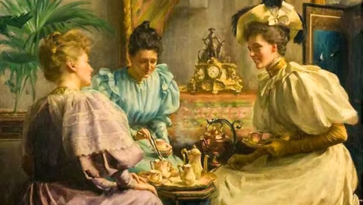 Three women in Victorian attire having tea in an elegant room.