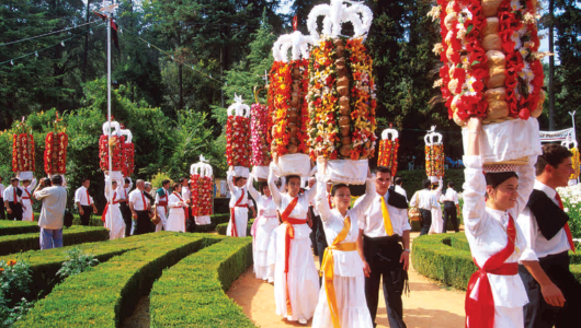 People in traditional attire carry tall flower-covered structures on their heads in a garden.