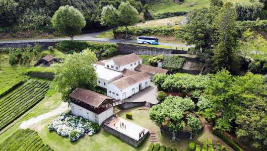 Aerial view of a white house surrounded by gardens and trees, with a road and bus nearby.