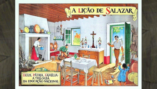 Illustrated family scene in a room with a table, open door, and religious decor, titled 'A Lição de Salazar'.