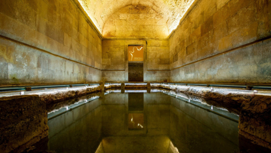 Ancient stone room with reflective water pool and dim lighting.