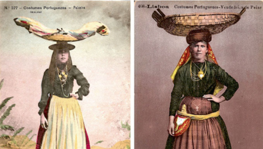 Two women in traditional Portuguese costumes, both balancing items on their heads.