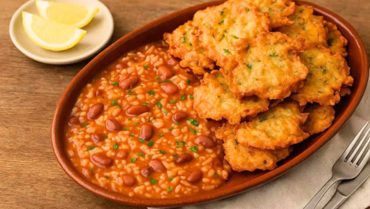 Plate with bean stew and golden fritters, lemon wedges on side, fork and knife on napkin nearby.