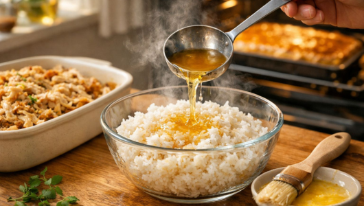 Ladle pouring broth onto rice in a glass bowl; casserole dish and brush on side.