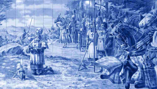 Blue-toned mural of knights in armor on horses, some kneeling.
