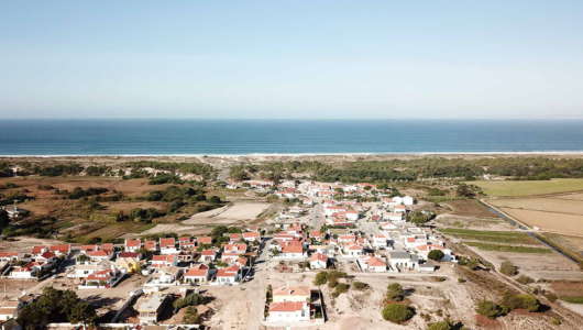 Aerial view of a coastal village with houses and ocean horizon.