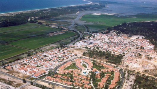 Aerial view of a coastal town with houses, fields, and water.
