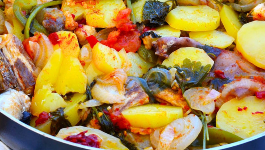 Colorful mixed vegetable and fish stew with potatoes, peppers.