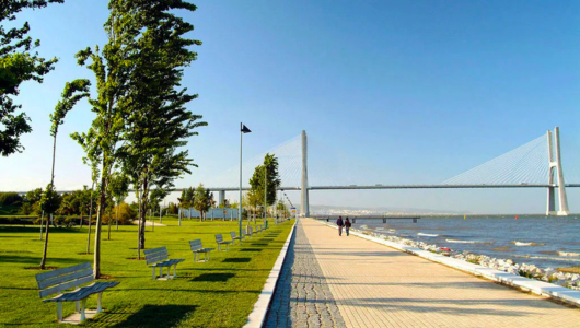 People walk on a path near a bridge and trees by the water.