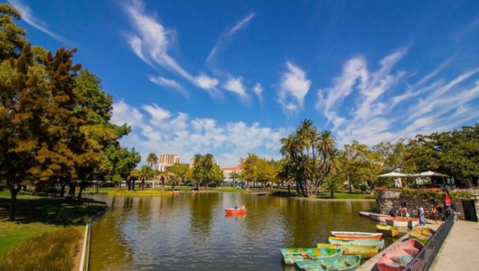 Park with pond, colorful boats, trees, and a blue sky with wispy clouds.