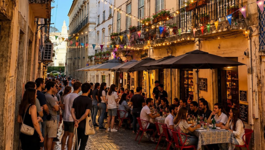 Crowded outdoor cafe on a festive, narrow street with string lights and colorful bunting.