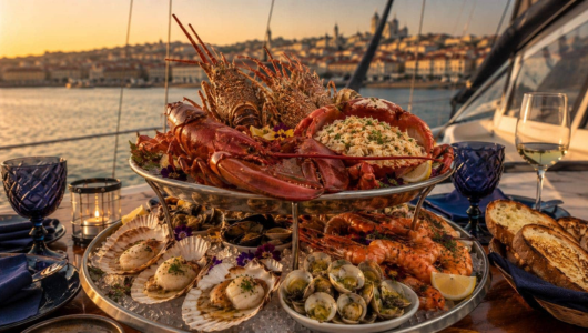 Seafood platter on a boat with city view at sunset.