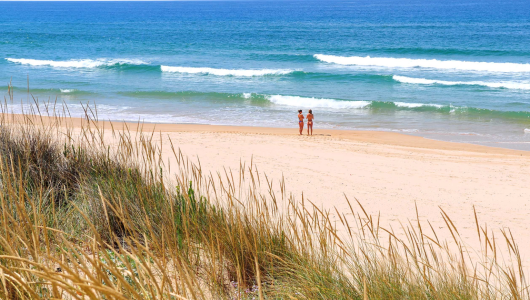 Two people standing on a sandy beach with waves and grassy dunes.