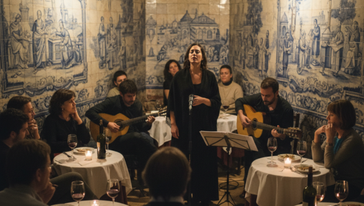 Fado singer performs with musicians in a cozy, decorated room surrounded by small audience.