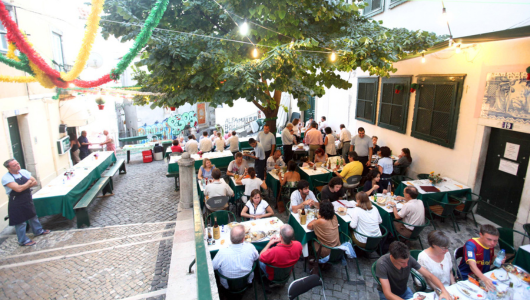 Outdoor gathering with people seated at tables under string lights and tree canopy.