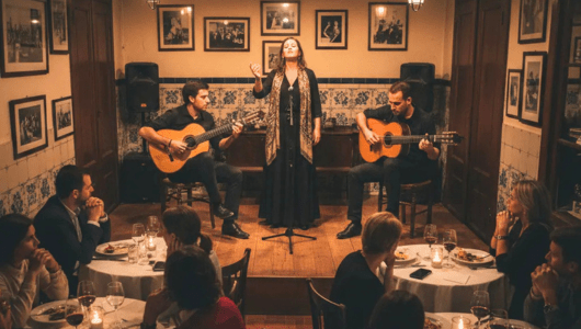 Singer performs flanked by two guitarists in a cozy restaurant with attentive diners.