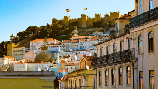 Sunlit hillside with houses and a castle in the background, flags flying.