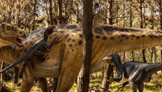 Two dinosaur models interacting in a forest setting.
