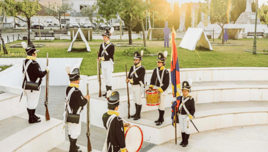 Historical reenactors in uniforms with muskets and flags in a park setting.