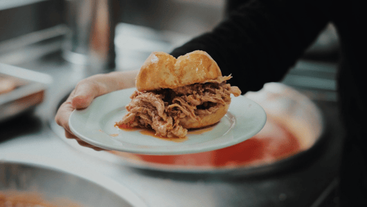 Person holding a plate with a pulled pork sandwich.