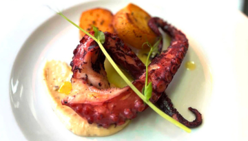 Grilled octopus with potatoes and garnish on a white plate.