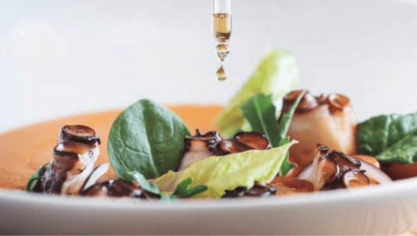 Close-up of gourmet octopus dish with salad greens and oil drop.