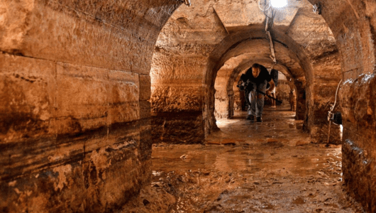 Person exploring a narrow, ancient underground tunnel.
